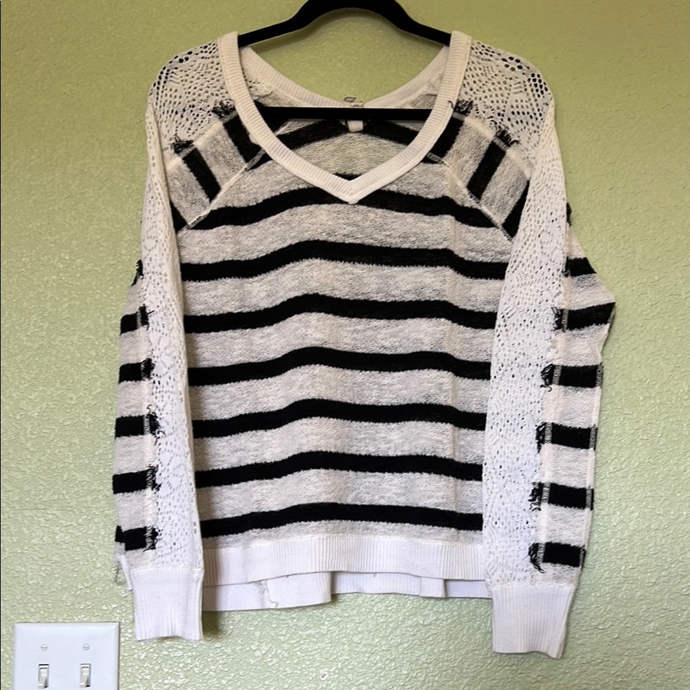 We The Free Black and White V-Neck Sweater Nautical Stripes